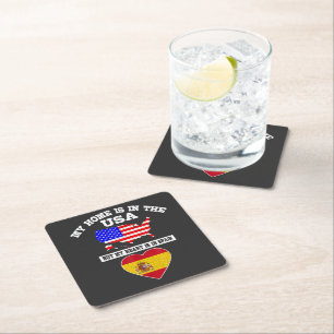 My Home Is In USA My Heart Is In Spain Square Paper Coaster