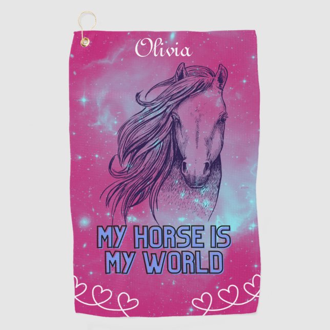 My Horse Is My World Magenta  Golf Towel (Front)