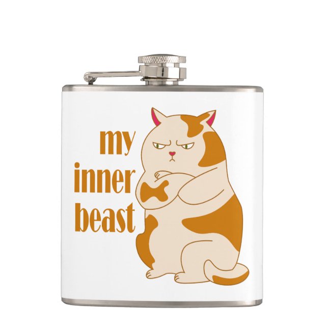 My inner beast lazy fat cat motivational quote hip flask (Front)