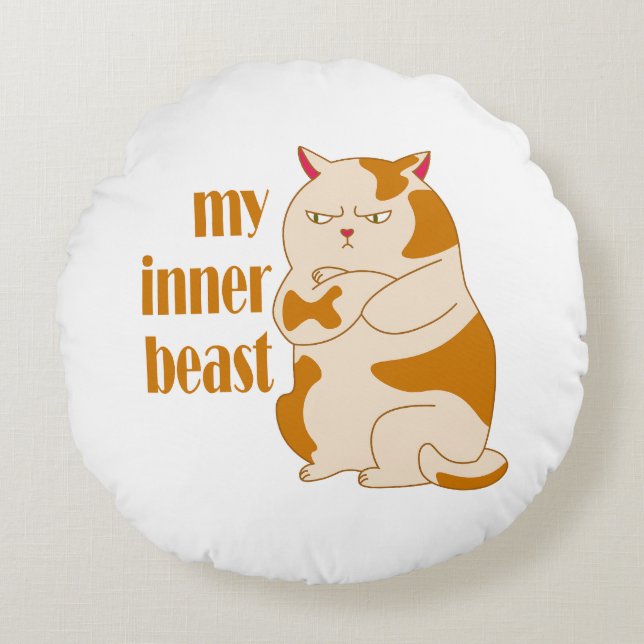 My inner beast lazy fat cat motivational quote round cushion (Front)