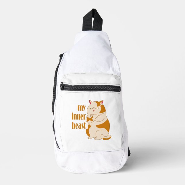My inner beast lazy fat cat motivational quote sling bag (Front)