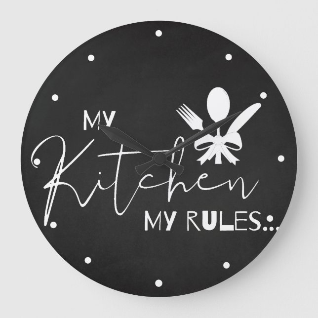 MY KITCHEN MY RULES Quote Black White Kitchen Large Clock (Front)