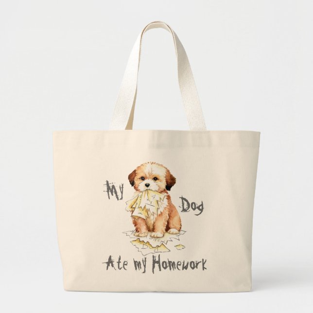 My Lhasa Apso Ate My Homework Large Tote Bag (Front)
