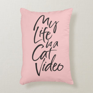 My Life is a Cat Video Black Lettering Blush Pink Decorative Cushion