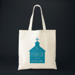 My little church bag blue kid's tote<br><div class="desc">"My little church bag" is a perfect gift for a little one to take along to church. This tote features a dark blue silhouette of a church with a cross on top with the wording on top and a place to customize a name. Makes a great baptism or Christening gift....</div>