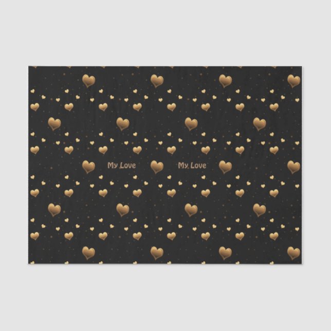 My Love Elegant Gold Hearts on Black Tissue Paper (Front)