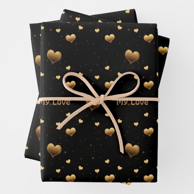 My Love Elegant Gold Hearts on Black Wrapping Paper Sheet (In situ)