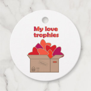My love trophies in box full of Valentines hearts Favour Tags