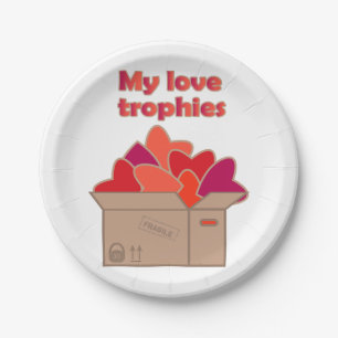 My love trophies in box full of Valentines hearts Paper Plate