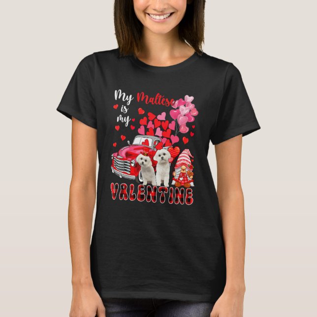 My Maltese Is My Valentine Two Dogs With Gnome Pic T-Shirt (Front)