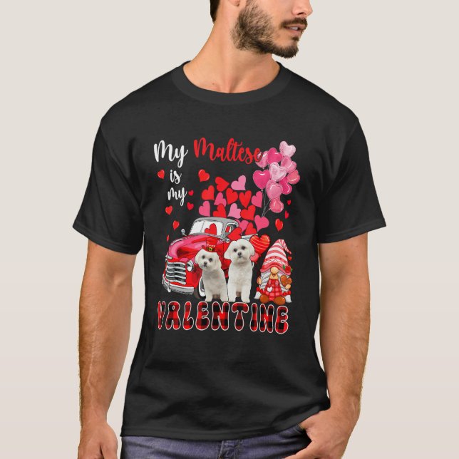 My Maltese Is My Valentine Two Dogs With Gnome Pic T-Shirt (Front)