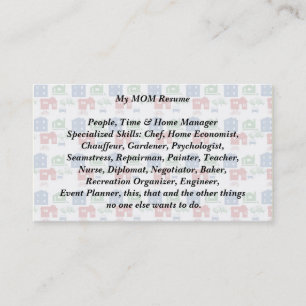My Mum Resume Business Calling Card house car bike
