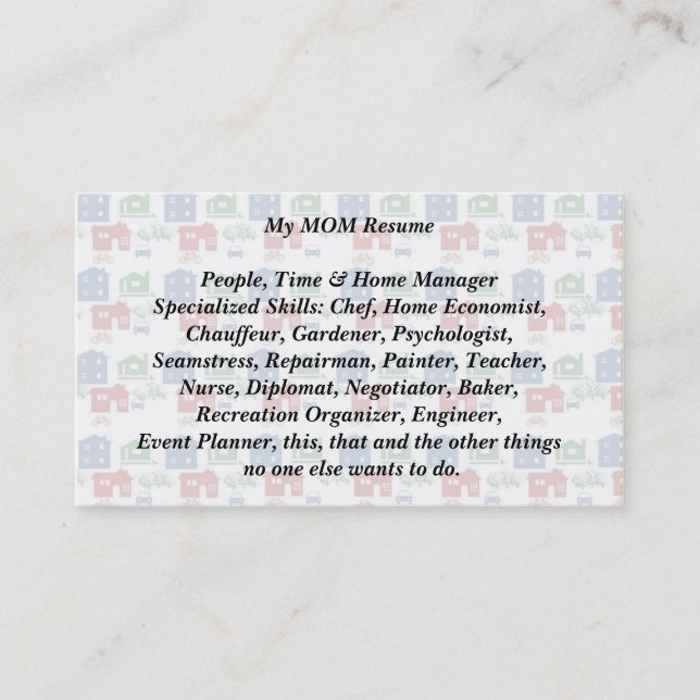 My Mum Resume Business Calling Card house car bike (Front)
