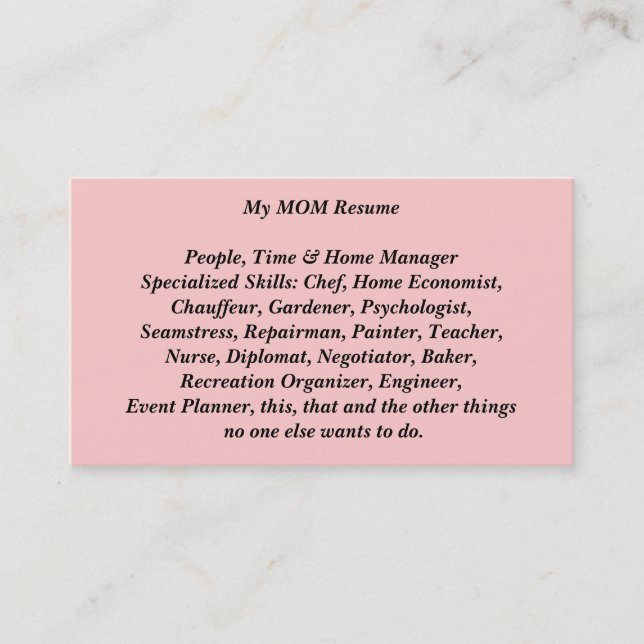 My Mum Resume Calling Card Card (Front)