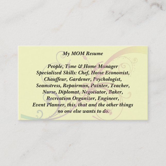 My Mum Resume Calling Card  flourish (Front)