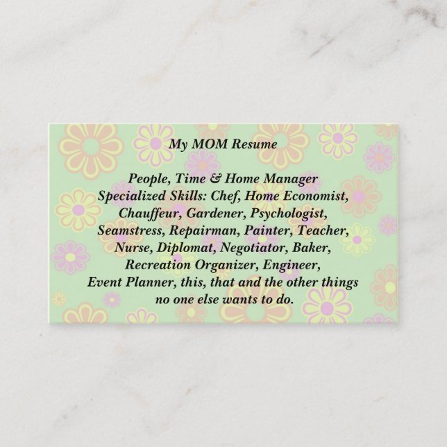 My Mum Resume Calling Card groovy pop flowers (Front)