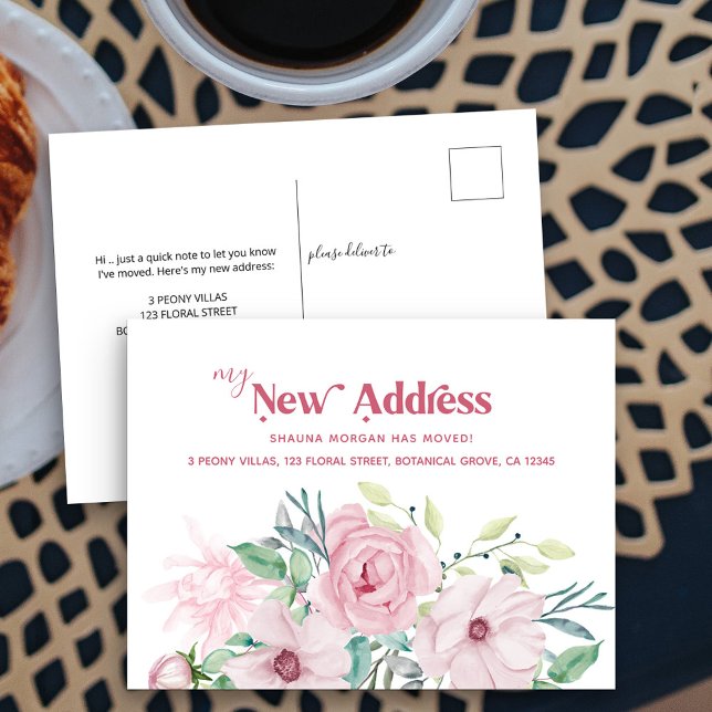 My New Address Peony Floral Moving Announcement Postcard (New Address postcard with pretty pink peony rose flowers)