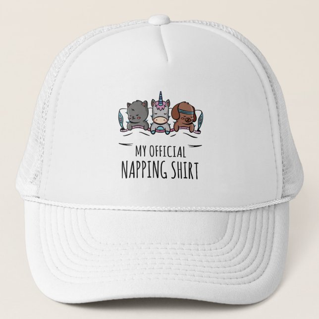 My official napping shirt sleeping Unicorn Dog Cat Trucker Hat (Front)