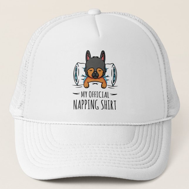 My official napping shirt with sleeping Dog Trucker Hat (Front)