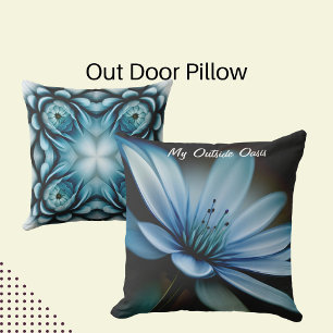 My Outside Oasis", Blue Flower on Black Background Cushion