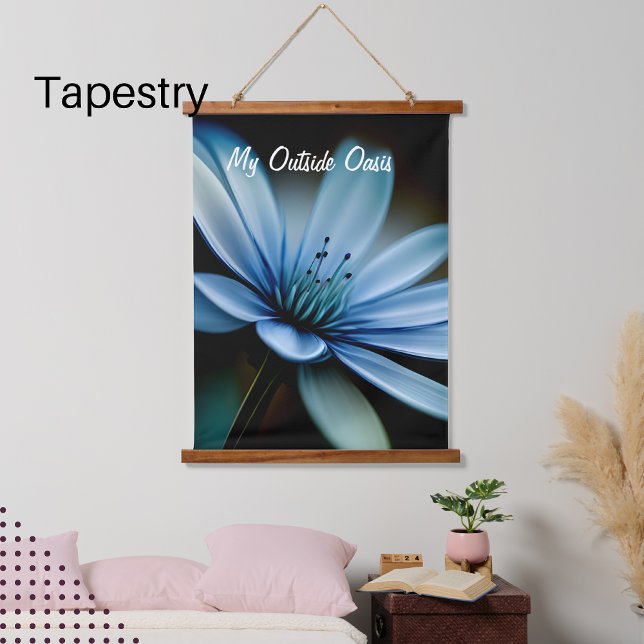 My Outside Oasis", Blue Flower on Black Background Hanging Tapestry (Creator Uploaded)