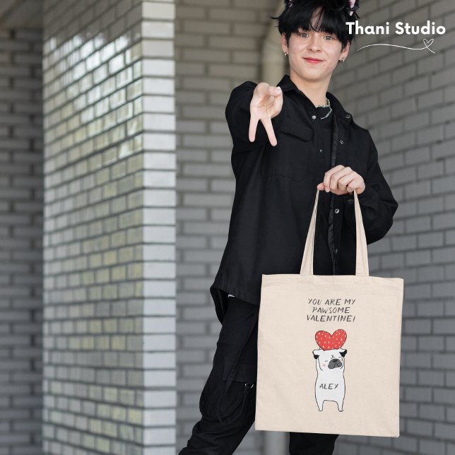 My Pawsome Valentine Cute Pug & Red Heart Black Tote Bag (Creator Uploaded)