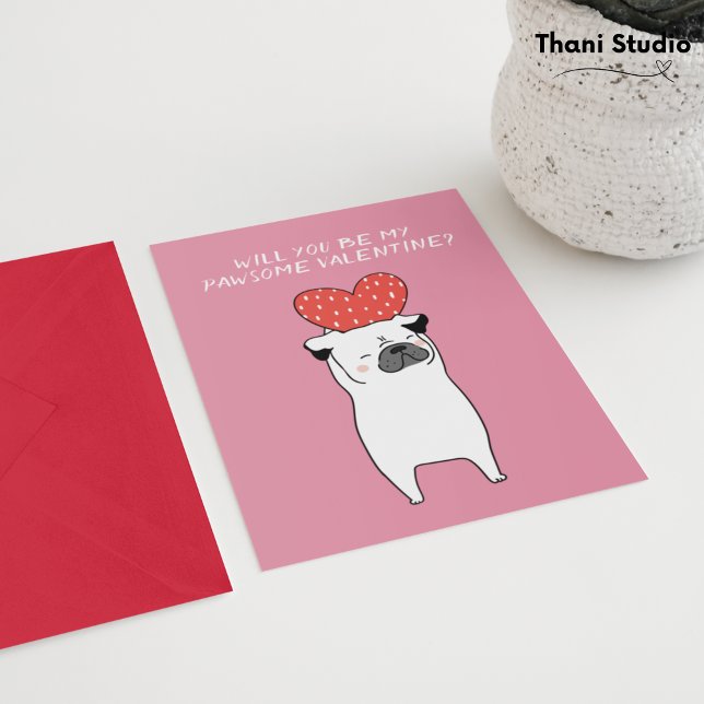 My Pawsome Valentine Cute Pug & Red Heart Pink Holiday Card (Creator Uploaded)