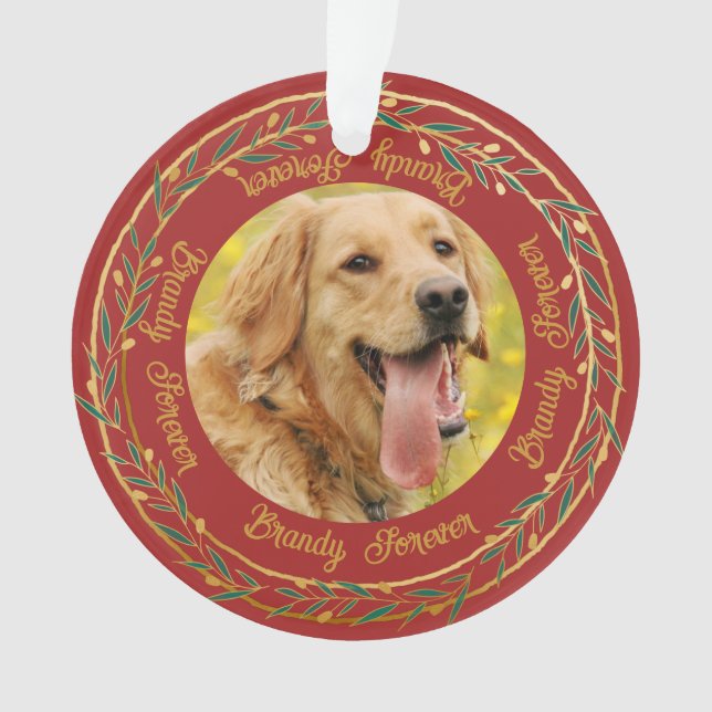 My Pet Photo Gold Berry Wreath Crimson Christmas Ornament (Front)