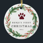 My Pet's First Christmas Wreath Ceramic Ornament<br><div class="desc">This Christmas ornament pet keepsake features burgundy berry and pine wreath paired with a fun font. Easily edit *most* wording to meet your event needs. Change the background colour.</div>