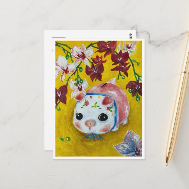 My Piggy Bank pig - reggaepainting Acrylic  Postcard (Front/Back In Situ)