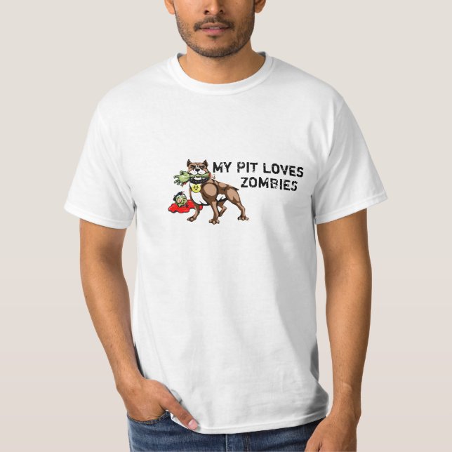 My Pit Bull Loves Zombies Tee Shirt - Funny Slogan (Front)