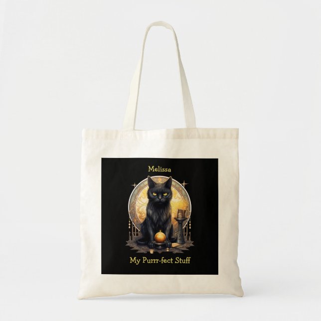 My Purrr-fect Stuff Witchy Gothic Black Cat Tote Bag (Front)