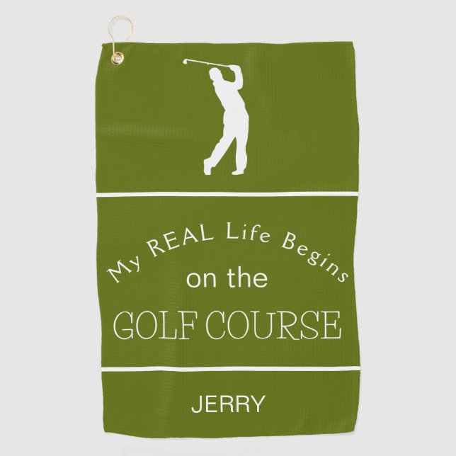 My Real Life Begins on the Golf Course Deep Lime Golf Towel (Front)