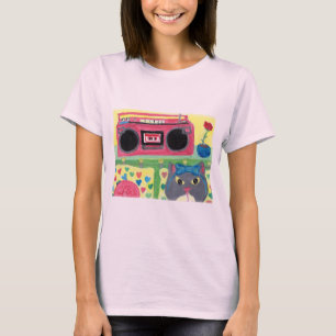 My Room Boombox Girl Cat Folk Art Cute Teen T-Shirt