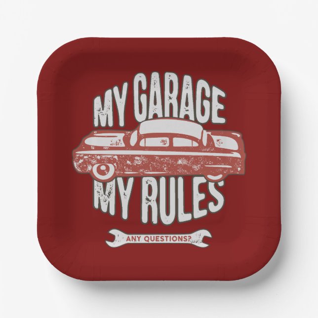 My Rules Classic Red Car Retro Mechanic Paper Plate (Front)