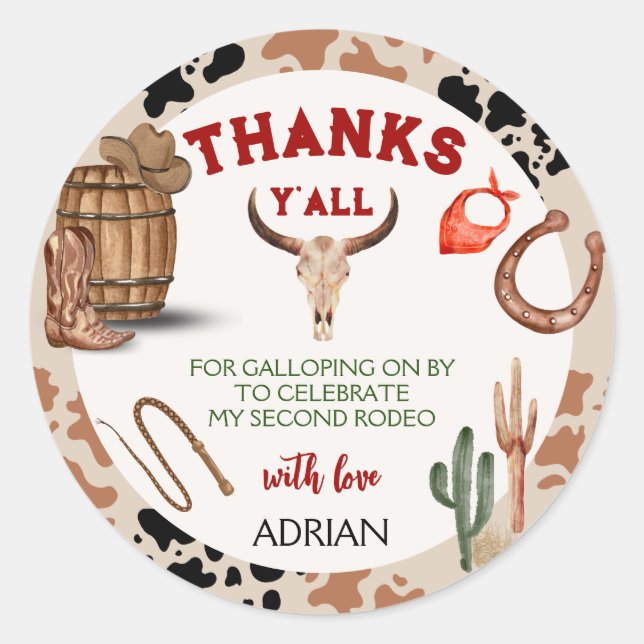 My Second Rodeo Party Cowboy Birthday Classic Round Sticker (Front)