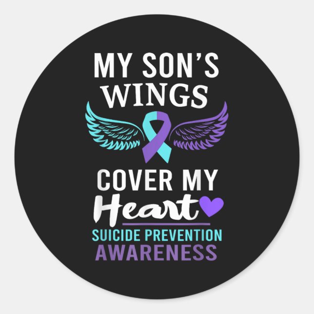 My Son's Wings Cover Heart Suicide Awareness Ribbo Classic Round Sticker (Front)