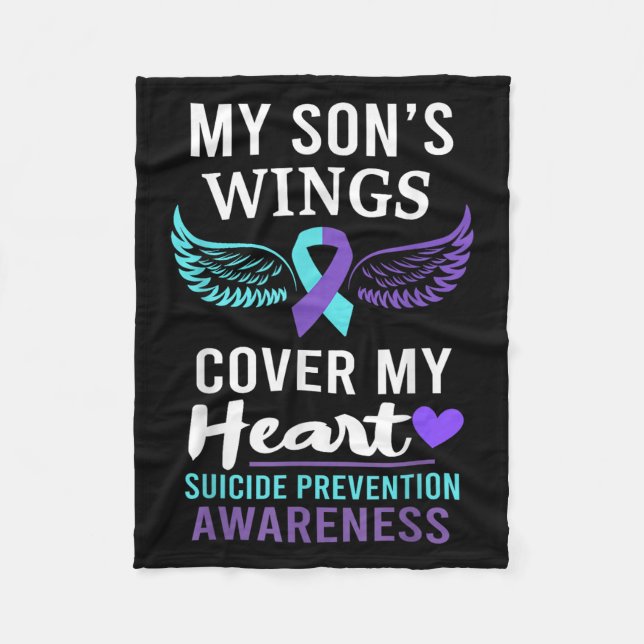 My Son's Wings Cover Heart Suicide Awareness Ribbo Fleece Blanket (Front)