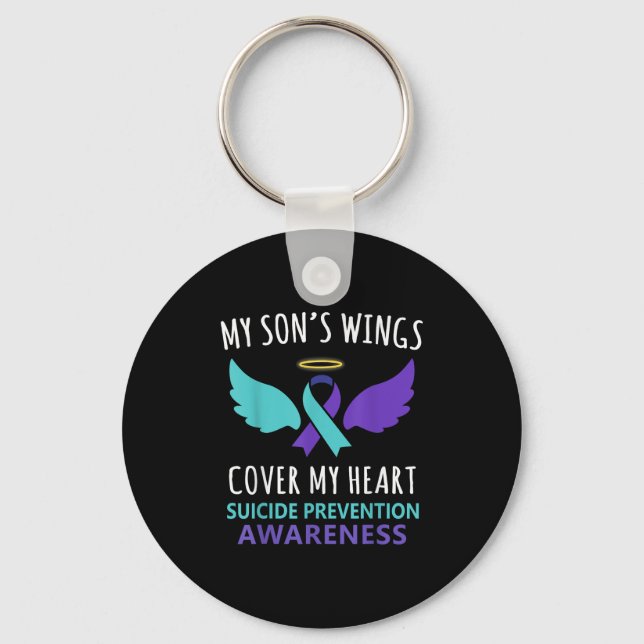 My Son's Wings Cover Heart Suicide Awareness Ribbo Key Ring (Front)