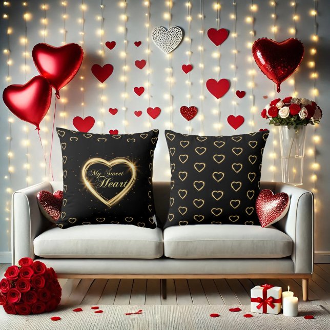 My Sweet Heart Dazzling Gold heart Valentine Black Cushion (Creator Uploaded)