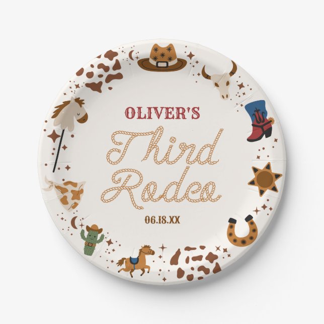 My Third Rodeo Western Cowboy 3rd Birthday Party Paper Plate (Front)