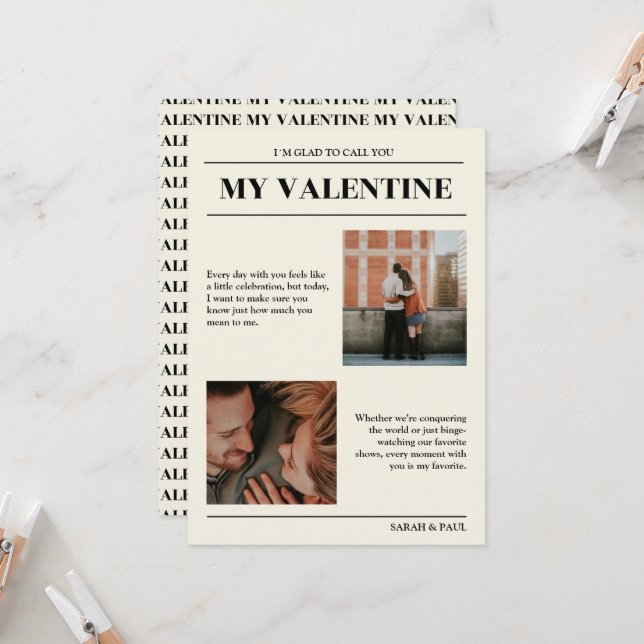 My Valentine Customizable Newspaper Photos Card (Front/Back In Situ)