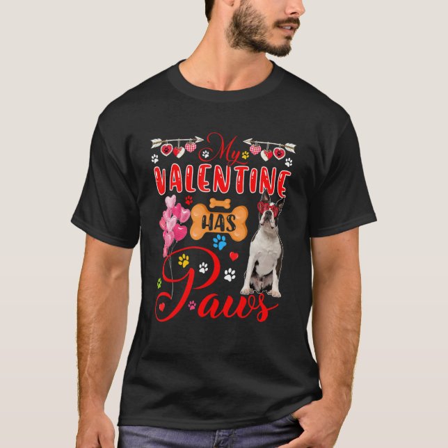 My Valentine Has Paws Cute Boston Terrier Sunglass T-Shirt (Front)