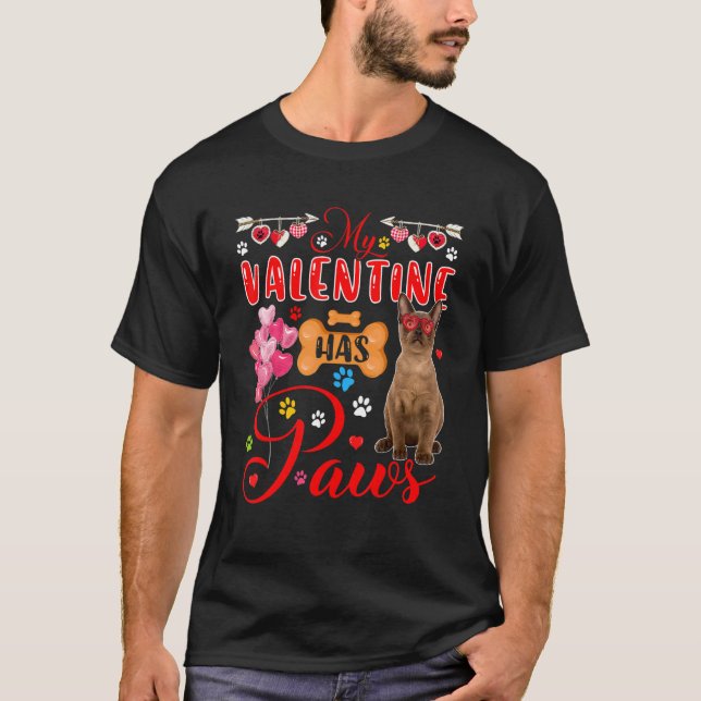 My Valentine Has Paws Cute Burmese Cat Sunglasses  T-Shirt (Front)