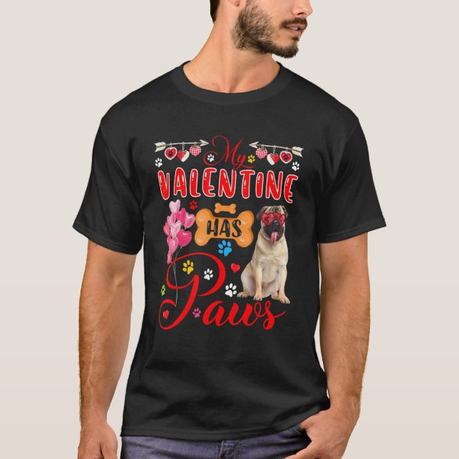 My Valentine Has Paws Cute Pug Sunglasses Hearts T-Shirt (Front)