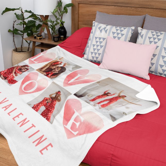 My Valentine Watercolor Heart Photo Collage Sherpa Blanket (This sherpa blanket features a photo collage with watercolor hearts with the word Love in it.)
