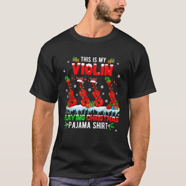 My Violin Playing Xmas Pajama Group Santa Reindeer T-Shirt (Front)