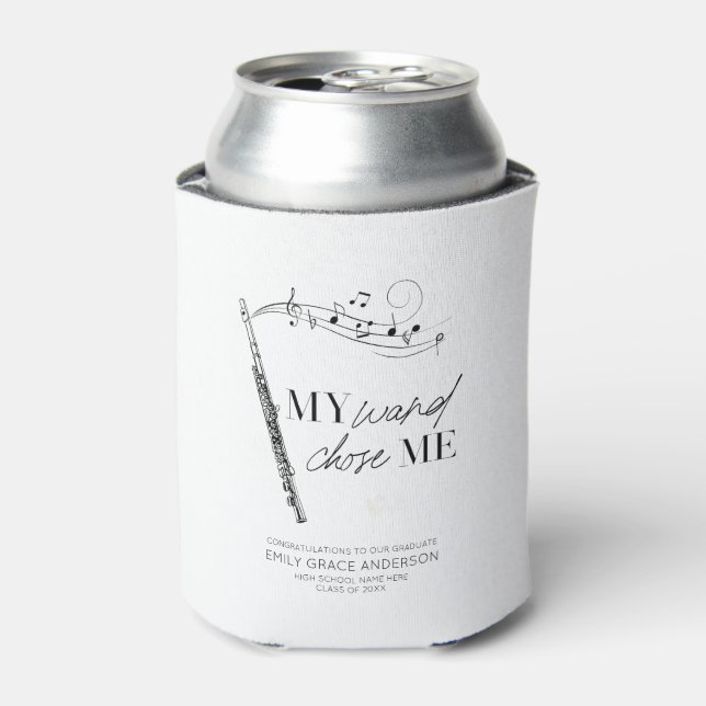 My Wand Chose Me Flute Black & White Graduation Can Cooler (Can Front)
