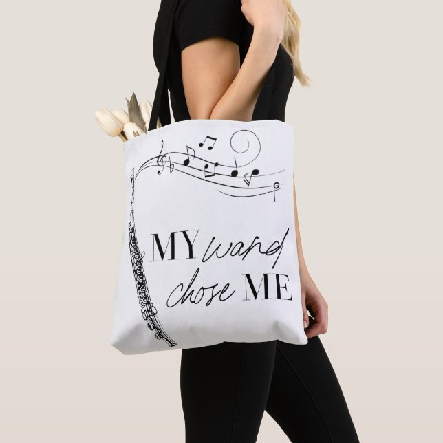 My Wand Chose Me Flute Black & White Quote Tote Bag (Close Up)