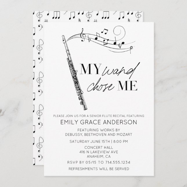 My Wand Chose Me Quote Musical Notes Flute Recital Invitation (Front/Back)